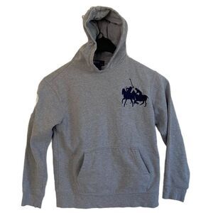 Vintage Ralph Lauren Polo Boys Med 10-12 Grey Gray Double Big Pony Logo Hoodie